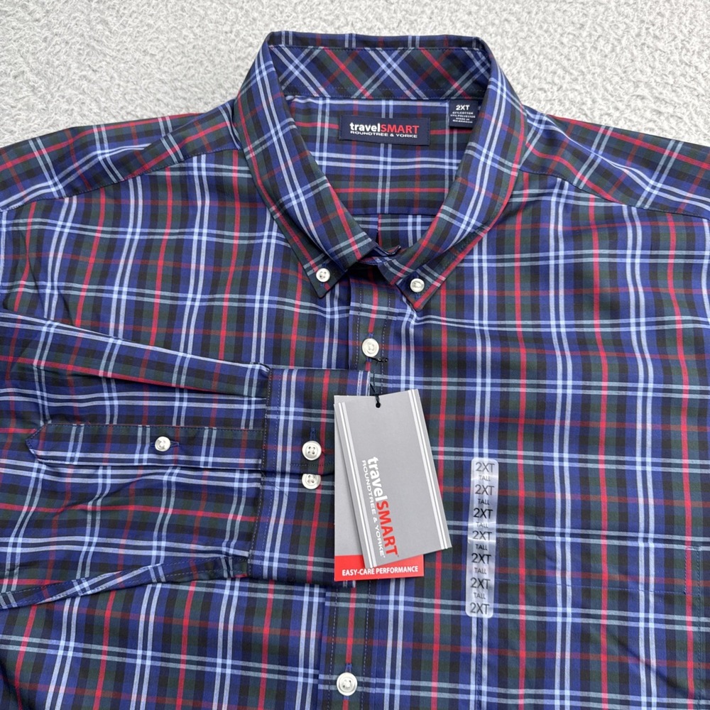 TravelSmart Dress Casual Shirt Mens XXL Tall 2XLT L/S Blue Plaid Roundtree Yorke